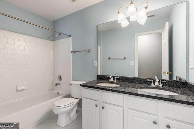 5035 Foxberry Ln, Roswell, GA 30075 - full bathroom with double vanity, shower / washtub combination, tile patterned floors, and a chandelier