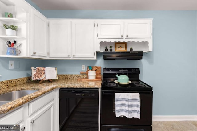 3205 Mcafee Rd, Decatur, GA 30032 - kitchen featuring black appliances, open shelves, under cabinet range hood, and white cabinets