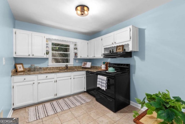3205 Mcafee Rd, Decatur, GA 30032 - kitchen with black appliances, under cabinet range hood, white cabinets, and dark stone countertops