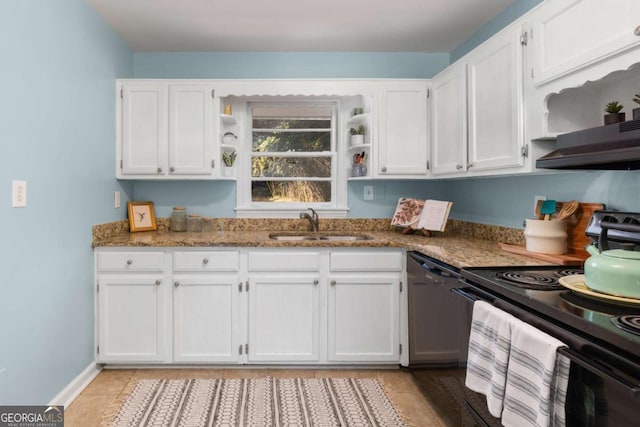 3205 Mcafee Rd, Decatur, GA 30032 - kitchen featuring black appliances, open shelves, white cabinets, and stone countertops