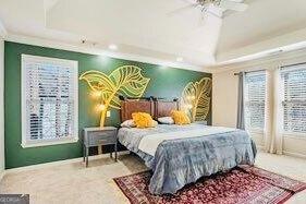 380 Victorian Ln, Duluth, GA 30097 - carpeted bedroom with a raised ceiling, recessed lighting, a ceiling fan, and crown molding