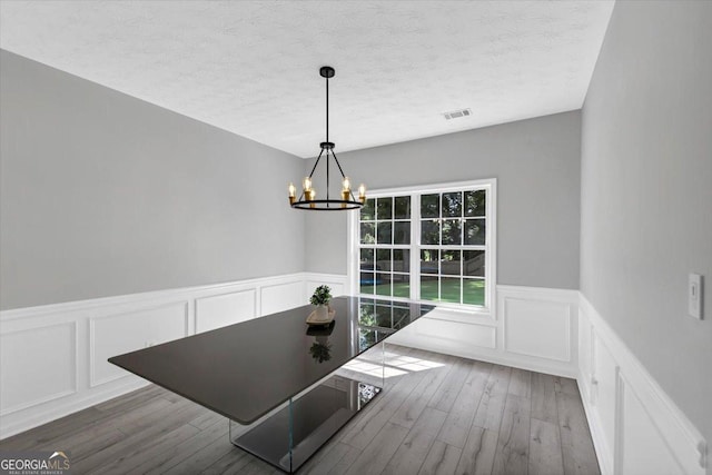 5195 Oaks Landing Ct, Sugar Hill, GA 30518 - unfurnished dining area featuring a decorative wall, a chandelier, a textured ceiling, wainscoting, and wood finished floors