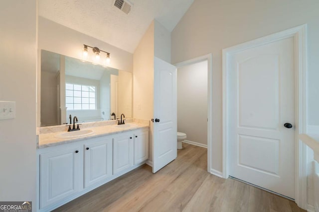 4815 Price St, Forest Park, GA 30297 - bathroom with vaulted ceiling, double vanity, and wood finished floors