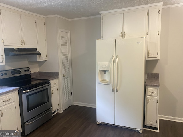 212 Rockmart Rd, Villa Rica, GA 30180 - kitchen with white refrigerator with ice dispenser, stainless steel electric range oven, under cabinet range hood, dark wood finished floors, and white cabinets