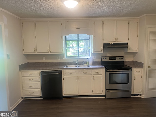 212 Rockmart Rd, Villa Rica, GA 30180 - kitchen featuring electric range, dishwashing machine, under cabinet range hood, a textured ceiling, and dark wood-style floors
