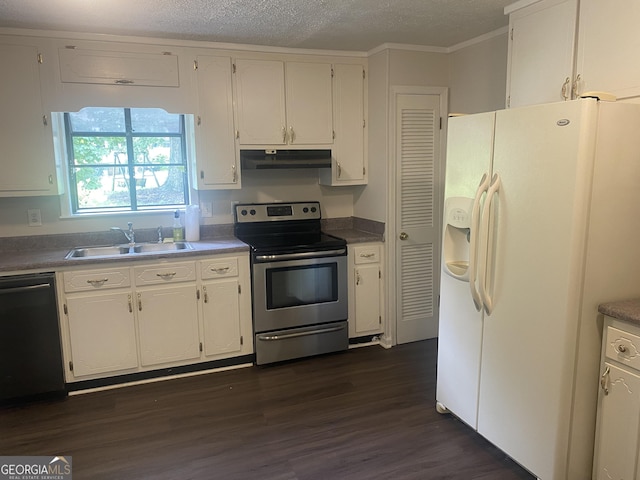 212 Rockmart Rd, Villa Rica, GA 30180 - kitchen with white fridge with ice dispenser, electric stove, dishwasher, under cabinet range hood, and dark wood-type flooring