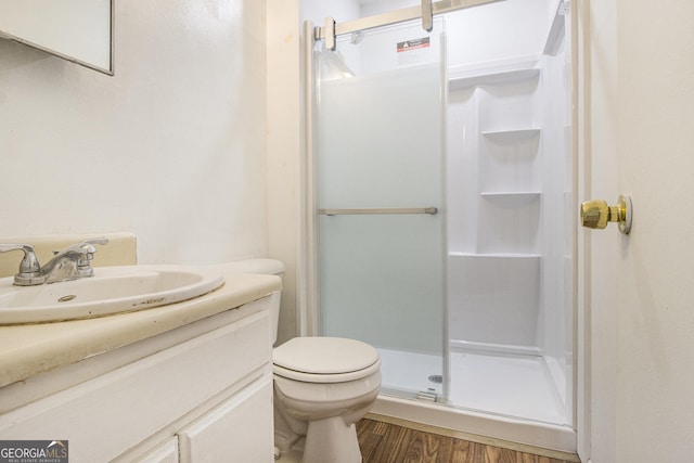 1077 Mainstreet Valley Dr, Stone Mountain, GA 30088 - bathroom with a shower stall, vanity, and wood finished floors