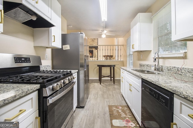 1077 Mainstreet Valley Dr, Stone Mountain, GA 30088 - kitchen featuring stainless steel gas stove, black dishwasher, under cabinet range hood, ceiling fan, and white cabinets