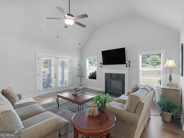 401 Mountain Dr, Monroe, GA 30655 - living room featuring plenty of natural light, ceiling fan, a glass covered fireplace, wood finished floors, and high vaulted ceiling