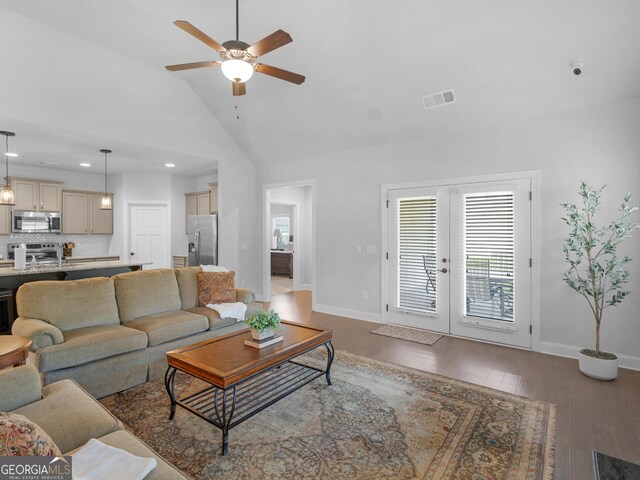 401 Mountain Dr, Monroe, GA 30655 - living room with ceiling fan, french doors, recessed lighting, wood finished floors, and high vaulted ceiling