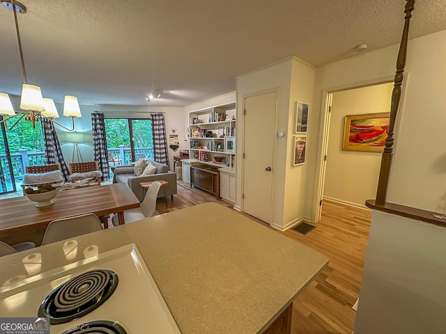 278 W Sugarbush Dr, Dillard, GA 30537 - kitchen with a textured ceiling, light wood-style flooring, and hanging light fixtures