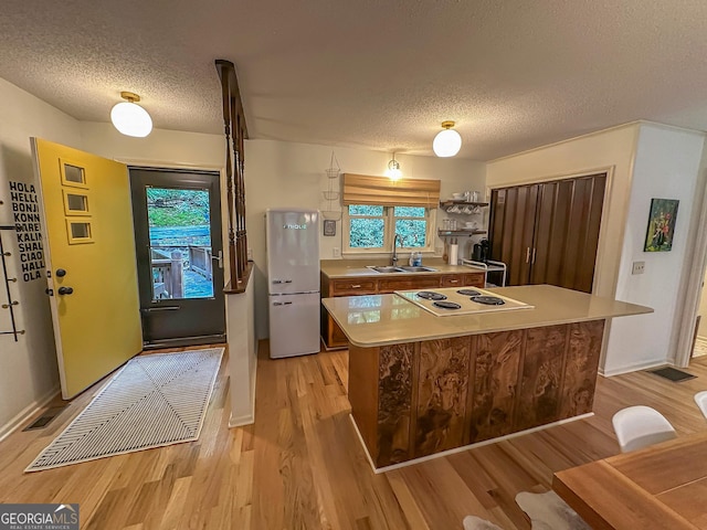 278 W Sugarbush Dr, Dillard, GA 30537 - kitchen featuring electric cooktop, freestanding refrigerator, a textured ceiling, light wood-style floors, and light countertops
