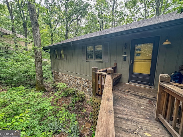 278 W Sugarbush Dr, Dillard, GA 30537 - doorway to property featuring roof with shingles and board and batten siding
