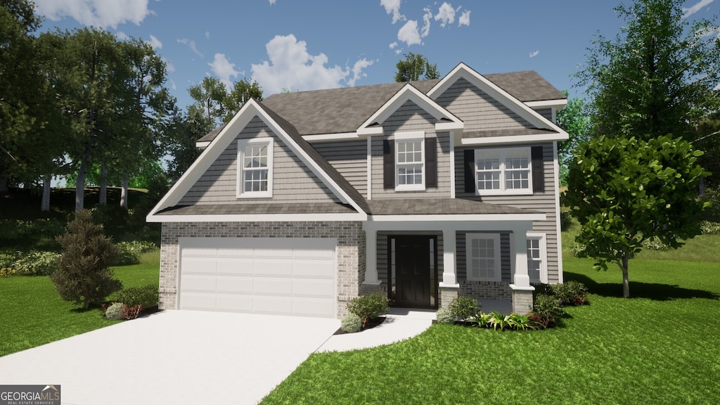 6401 River Plantation Dr, Lula, GA 30554 - craftsman house with brick siding, driveway, a front lawn, a garage, and roof with shingles