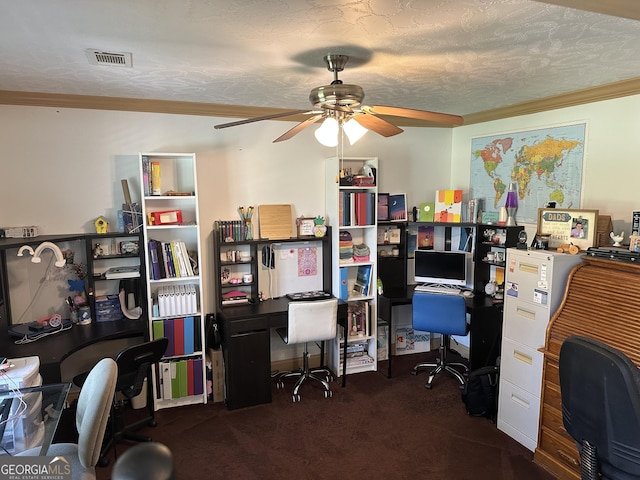 722 Gumlog Rd, Wrightsville, GA 31096 - carpeted home office with a ceiling fan and crown molding