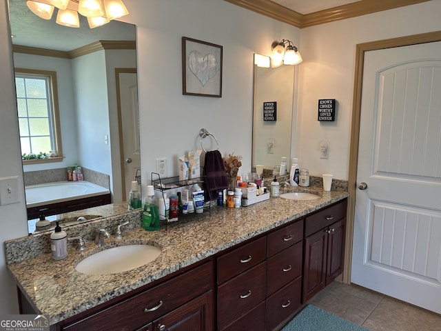 722 Gumlog Rd, Wrightsville, GA 31096 - full bathroom with double vanity, ornamental molding, tile patterned flooring, and a garden tub