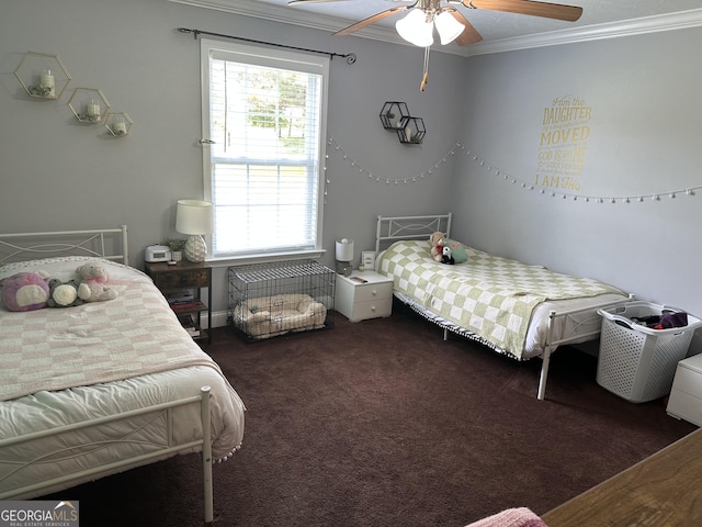 722 Gumlog Rd, Wrightsville, GA 31096 - bedroom featuring ornamental molding, carpet floors, and ceiling fan