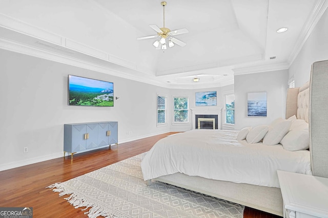 4030 Greatwood Path, Alpharetta, GA 30005 - bedroom with ornamental molding, wood finished floors, a raised ceiling, recessed lighting, and a ceiling fan