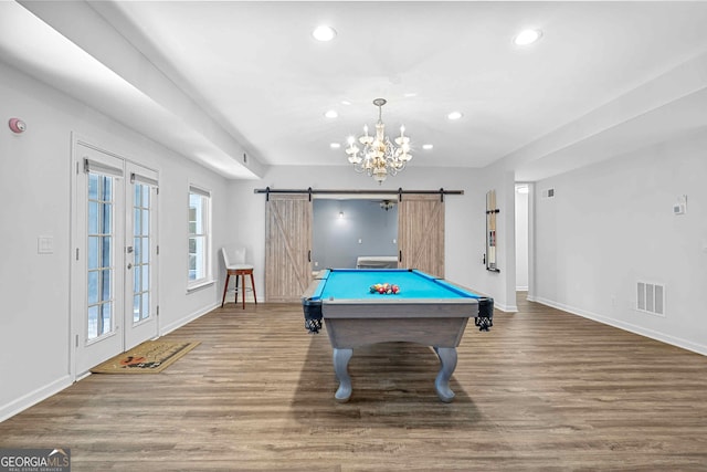 4030 Greatwood Path, Alpharetta, GA 30005 - game room featuring recessed lighting, a barn door, wood finished floors, a chandelier, and billiards