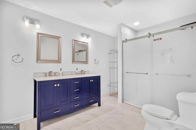 4030 Greatwood Path, Alpharetta, GA 30005 - full bath featuring marble look tiles, a shower stall, double vanity, and recessed lighting