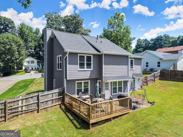 625 Hickory Nobb, Sugar Hill, GA 30518 - rear view of property with a fenced backyard, a chimney, a deck, and an outdoor hangout area