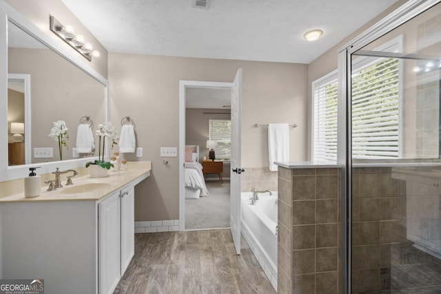 4020 New Salem Ct, Cumming, GA 30040 - ensuite bathroom with wood finished floors, double vanity, healthy amount of natural light, and a garden tub