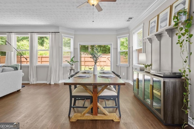 4020 New Salem Ct, Cumming, GA 30040 - dining space featuring ceiling fan, wood finished floors, and crown molding