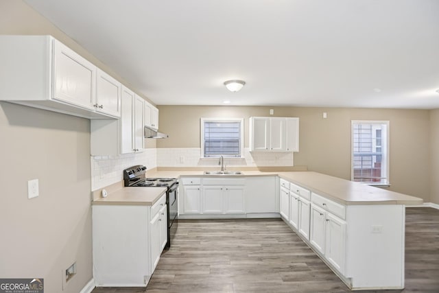 1159 Smith St SW, Atlanta, GA 30310 - kitchen with black electric range oven, a peninsula, under cabinet range hood, and decorative backsplash