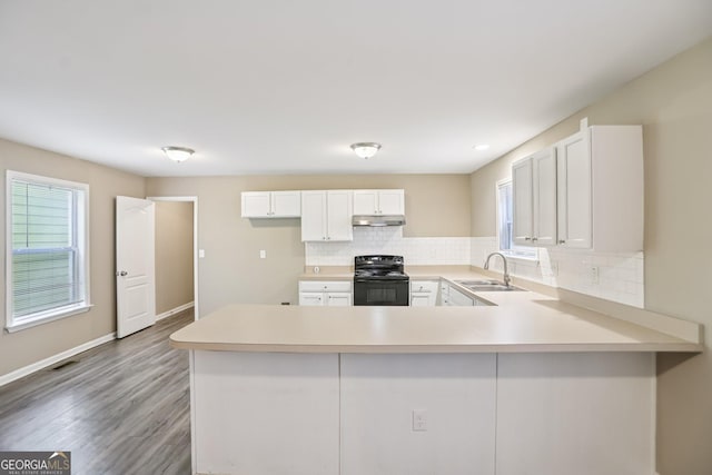 1159 Smith St SW, Atlanta, GA 30310 - kitchen with electric range, under cabinet range hood, backsplash, and light countertops