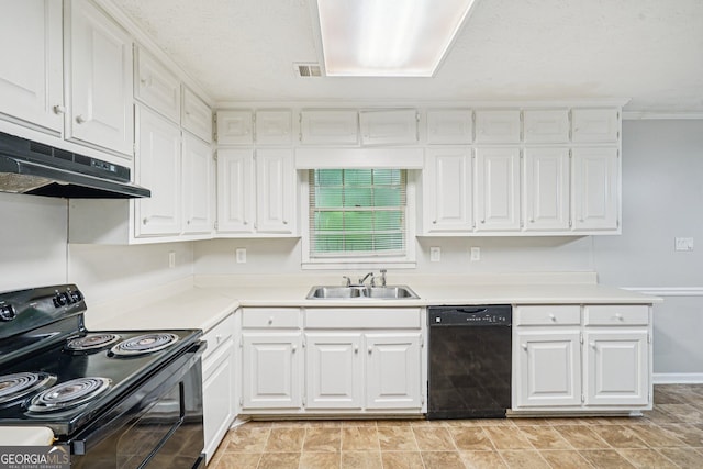 5618 Shadow Rock Dr, Lithonia, GA 30058 - kitchen with black appliances, under cabinet range hood, white cabinets, and crown molding