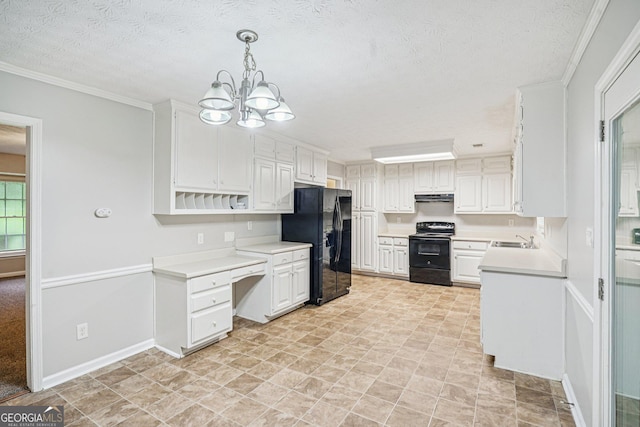 5618 Shadow Rock Dr, Lithonia, GA 30058 - kitchen featuring black appliances, light countertops, crown molding, under cabinet range hood, and open shelves