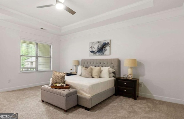 5534 Parkerton Ln, Sandy Springs, GA 30342 - bedroom featuring ornamental molding, light colored carpet, a raised ceiling, and a ceiling fan