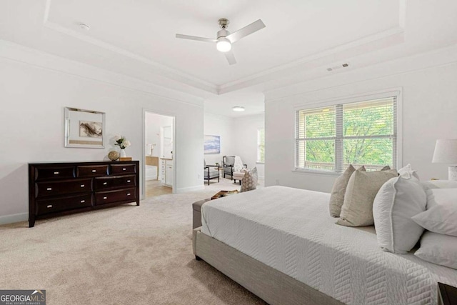 5534 Parkerton Ln, Sandy Springs, GA 30342 - bedroom featuring a raised ceiling, ornamental molding, light colored carpet, ceiling fan, and connected bathroom