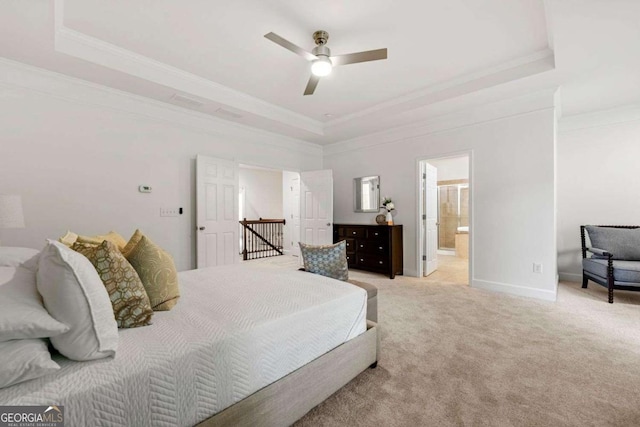 5534 Parkerton Ln, Sandy Springs, GA 30342 - bedroom with a raised ceiling, crown molding, light carpet, a ceiling fan, and ensuite bathroom