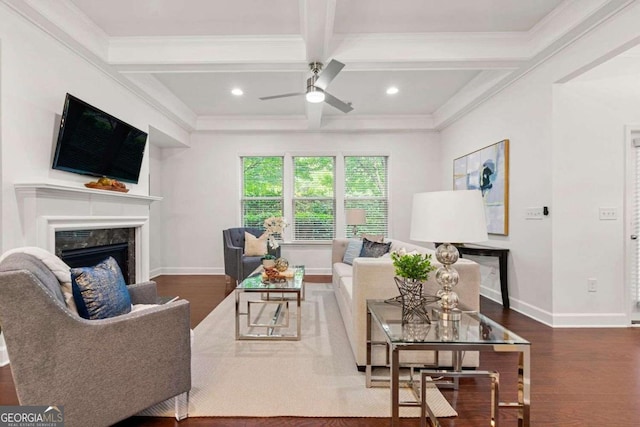5534 Parkerton Ln, Sandy Springs, GA 30342 - living room featuring coffered ceiling, ornamental molding, beamed ceiling, a fireplace, and wood finished floors