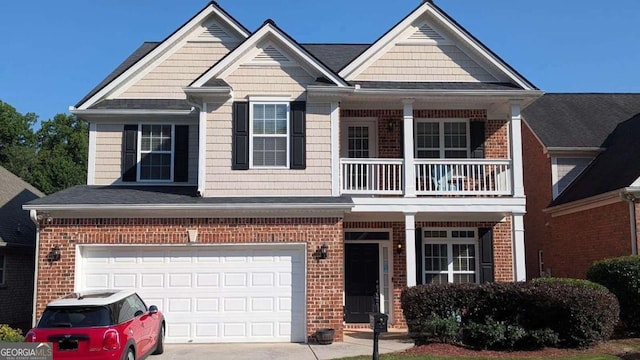 2435 Hickory Station Cir, Snellville, GA 30078 - view of front facade featuring brick siding, a balcony, a garage, driveway, and covered porch