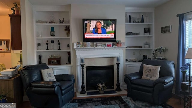 2435 Hickory Station Cir, Snellville, GA 30078 - living room with built in features and a fireplace with raised hearth