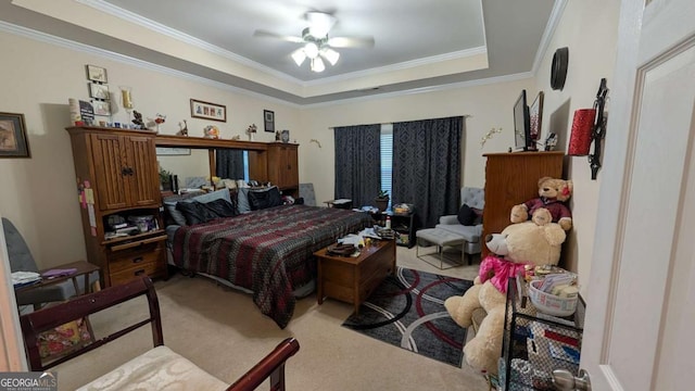 2435 Hickory Station Cir, Snellville, GA 30078 - bedroom featuring ornamental molding, carpet, a raised ceiling, and a ceiling fan