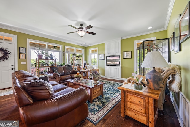 290 Vinson Rd, Tignall, GA 30668 - living area with dark wood-style flooring, ceiling fan, ornamental molding, and recessed lighting
