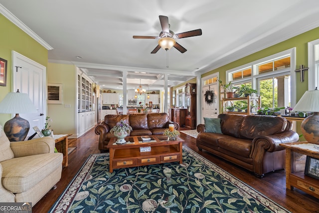290 Vinson Rd, Tignall, GA 30668 - living area with coffered ceiling, wood finished floors, ceiling fan, ornamental molding, and a chandelier