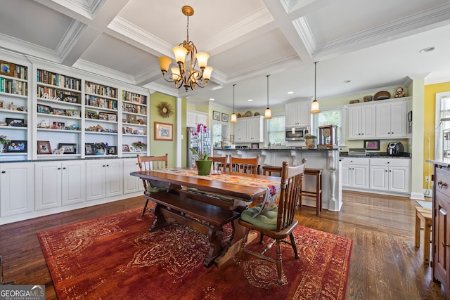290 Vinson Rd, Tignall, GA 30668 - dining area featuring a chandelier, dark wood-style flooring, coffered ceiling, beamed ceiling, and ornamental molding