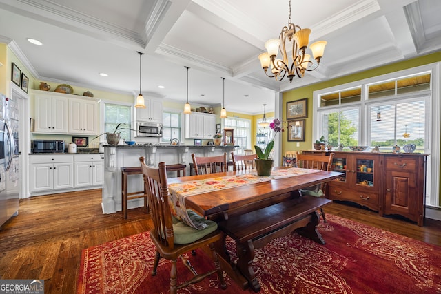 290 Vinson Rd, Tignall, GA 30668 - dining room with a chandelier, dark wood finished floors, coffered ceiling, ornamental molding, and beam ceiling