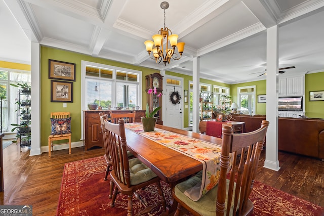 290 Vinson Rd, Tignall, GA 30668 - dining space with coffered ceiling, a chandelier, dark wood-style flooring, beam ceiling, and ornamental molding