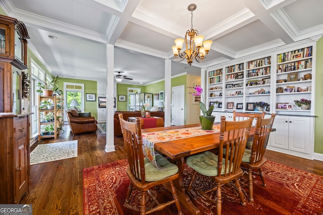 290 Vinson Rd, Tignall, GA 30668 - dining area featuring dark wood finished floors, coffered ceiling, a chandelier, crown molding, and beam ceiling