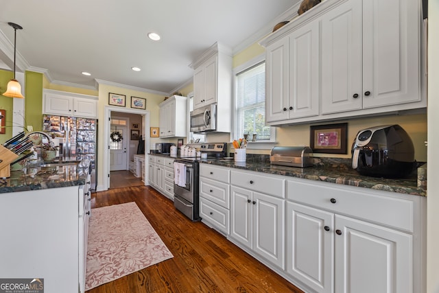 290 Vinson Rd, Tignall, GA 30668 - kitchen with appliances with stainless steel finishes, ornamental molding, white cabinetry, dark wood-style floors, and recessed lighting