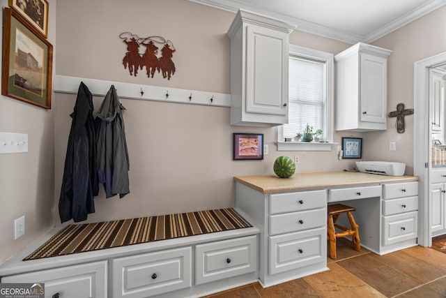 290 Vinson Rd, Tignall, GA 30668 - mudroom featuring built in desk and ornamental molding