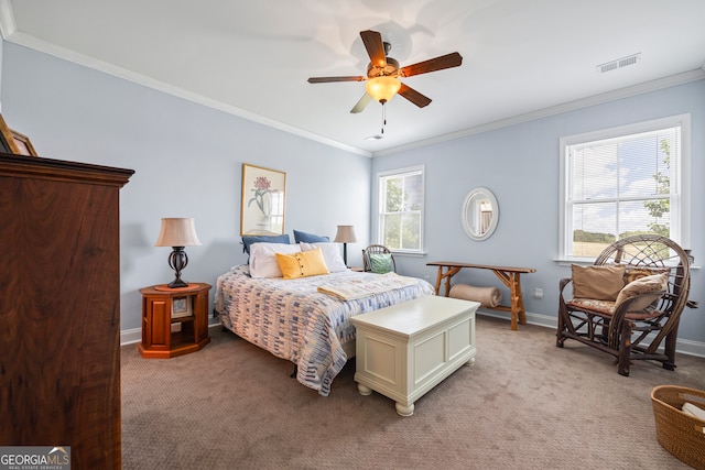 290 Vinson Rd, Tignall, GA 30668 - bedroom featuring light colored carpet, multiple windows, ornamental molding, and ceiling fan