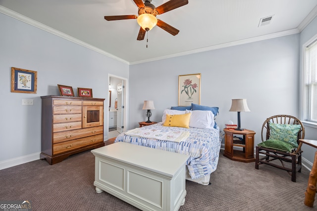 290 Vinson Rd, Tignall, GA 30668 - bedroom featuring dark colored carpet, ornamental molding, ceiling fan, and ensuite bath