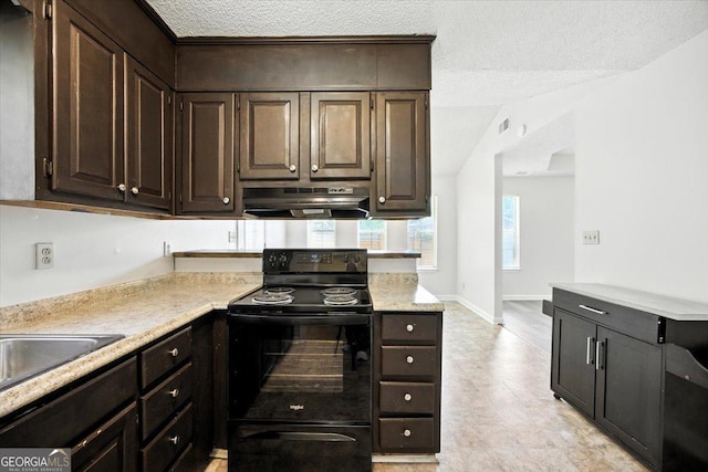 4801 Wilson Rd, Macon, GA 31206 - kitchen featuring electric range, range hood, light countertops, dark brown cabinets, and a textured ceiling