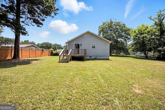 4801 Wilson Rd, Macon, GA 31206 - back of property featuring crawl space, a wooden deck, a fenced backyard, and stairway